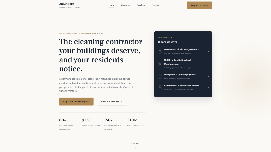 Aldermere Property Care contract cleaning sample website